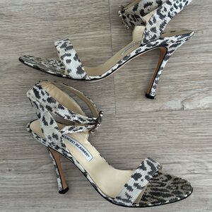 Manolo Blahnik Leopard Print Heels w/ Ankle Strap and Crystal Buckles - EU 39